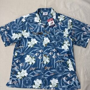 Air Force Hawaiian Shirt Sz L White Blue Military Hibiscus Flower United States